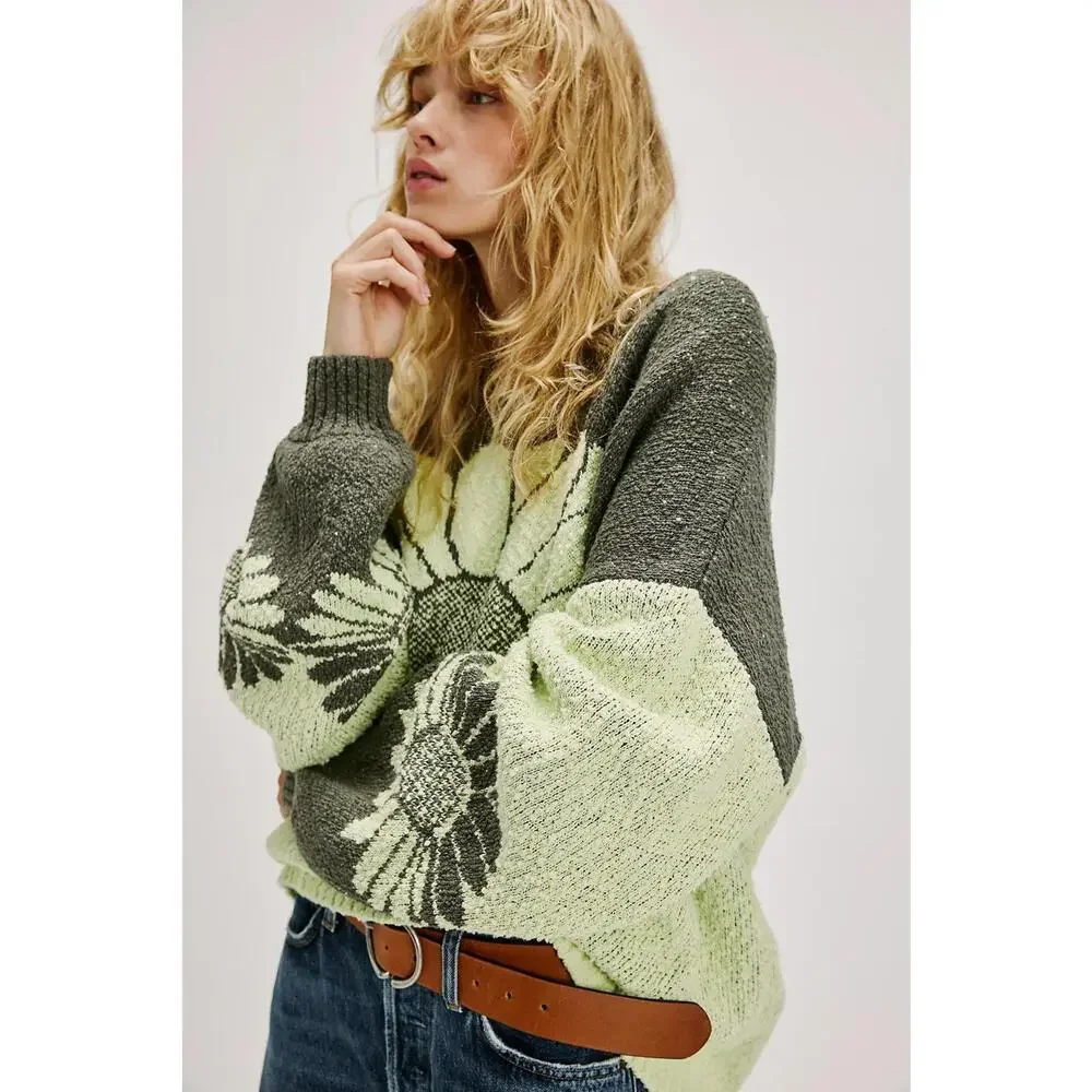 Free People Olive Green and Light Lime Floral Turtleneck Sweater - Picture 2 of 6